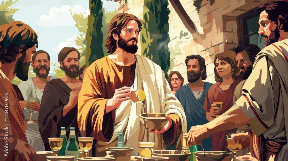 Vector art of Jesus healing the ten lepers, with one returning to give thanks Vector art of Jesus healing the ten lepers, with one returning to give thanks