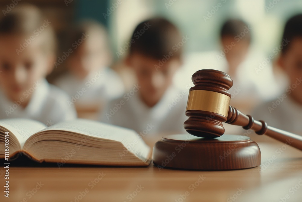 Classroom discussion on law concepts with a gavel and open book on the table
