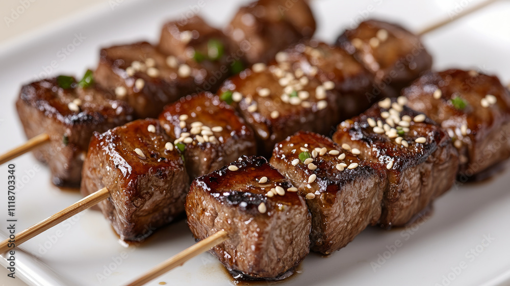 Grilled beef skewers with sesame seeds on a plate. Grilled beef skewers with sesame seeds on a plate.