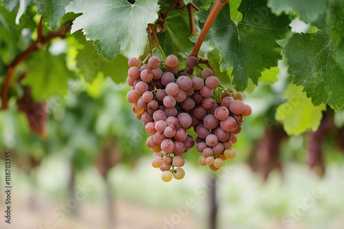 Bunches of ripe grapes hanging from vines in a sunlit vineyard during harvest season