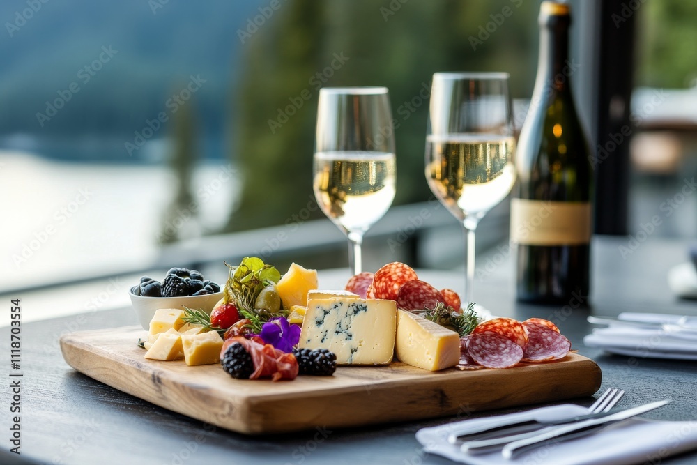 Enjoying a gourmet cheese and charcuterie platter with wine by the water Enjoying a gourmet cheese and charcuterie platter with wine by the water
