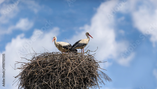 Two storks in a nest. Blue sky with clouds background. Space for text