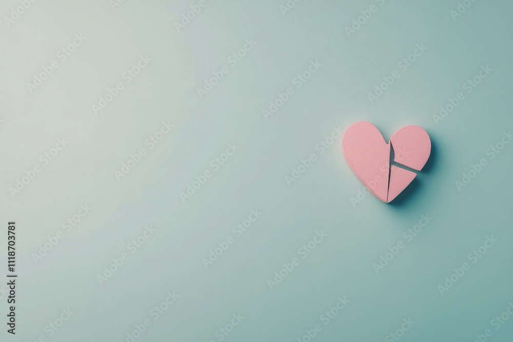 Pink heart shaped piece broken on a light blue background representing love and relationships Pink heart shaped piece broken on a light blue background representing love and relationships