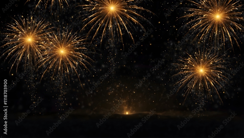 Golden fireworks explode against a dark night sky.
Golden fireworks explode against a dark night sky.