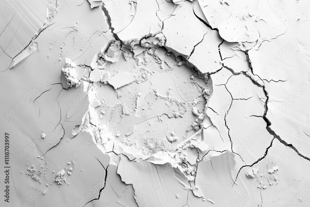 White powder surface with cracks and a round crater. Crater in black and white.