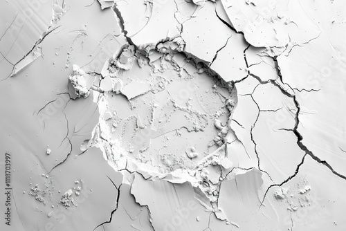 Obraz na płótnie White powder surface with cracks and a round crater. Crater in black and white. w salonie
