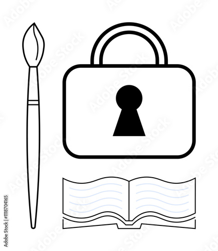 Artistic brush, padlock with keyhole, and open book depict the balance between creativity and security. Ideal for education, art, writing, intellectual property protection, privacy, digital security