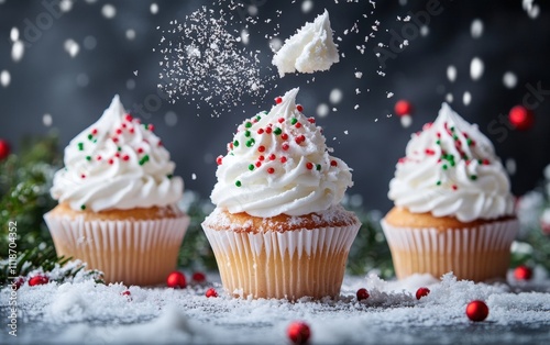 Snow-Covered Cupcakes Cupcakes with whipped cream frosting flying mid-air, adorned with red and green sprinkles, set against a frosty bakery countertop with holiday decorations