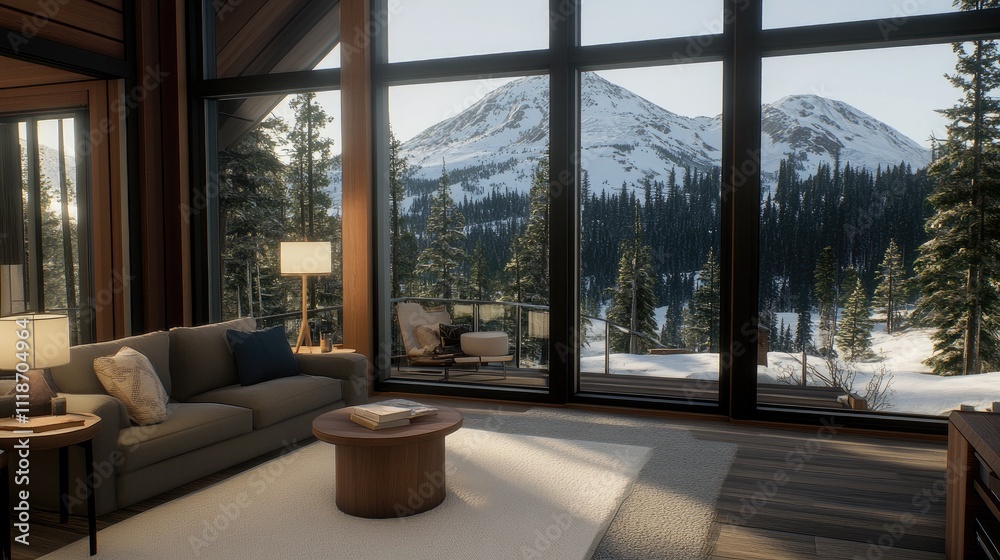 A cozy living room features large windows showcasing snow-covered mountains at twilight. Comfortable seating and soft lighting create a warm, inviting atmosphere. A cozy living room features large windows showcasing snow-covered mountains at twilight. Comfortable seating and soft lighting create a warm, inviting atmosphere.