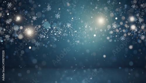 A dark blue background with many small white snowflakes and bright light spots.