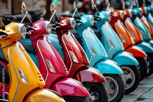 A cheerful array of mopeds in various hues lines the street, offering a playful contrast to the city’s architecture. photo