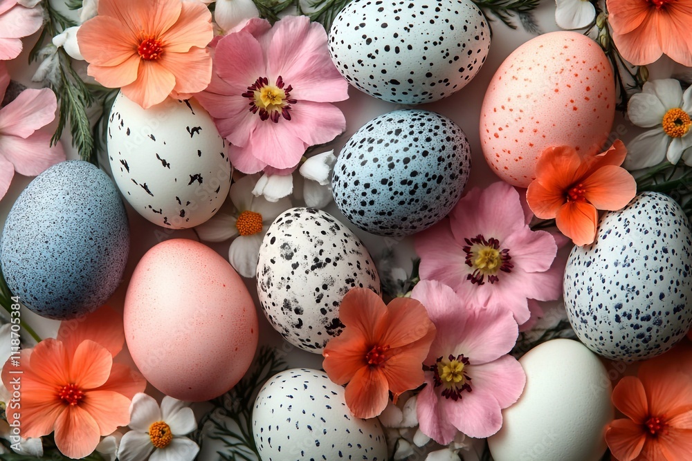 Obraz premium Easter-themed background with colorful eggs, feathers, and leaves on a white background. High-resolution, professional photograph with super-accurate detail, no blur effect, sharp focus, studio lighti