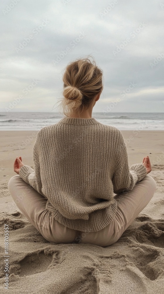 Fototapeta premium A woman with her hair tied back sits cross legged on the sandy beach, wearing a cozy sweater