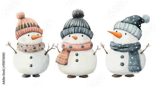 Cute hand drawing snowmen in knitting hats hand drawn watercolor christmas character set on white background. New Year concept vector illustration.