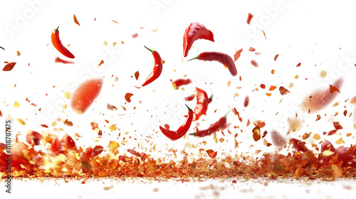 Flying red and orange spices peppers, chili, garlic in the air isolated on white background. Food and cuisine ingredients top view, with copy space. banner.