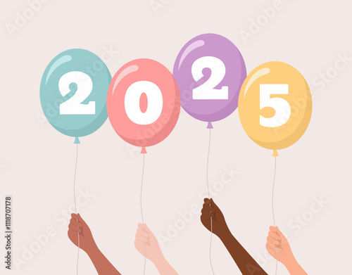 Hands of people of different nationalities and skin tones holding colorful balloons with the number 2025