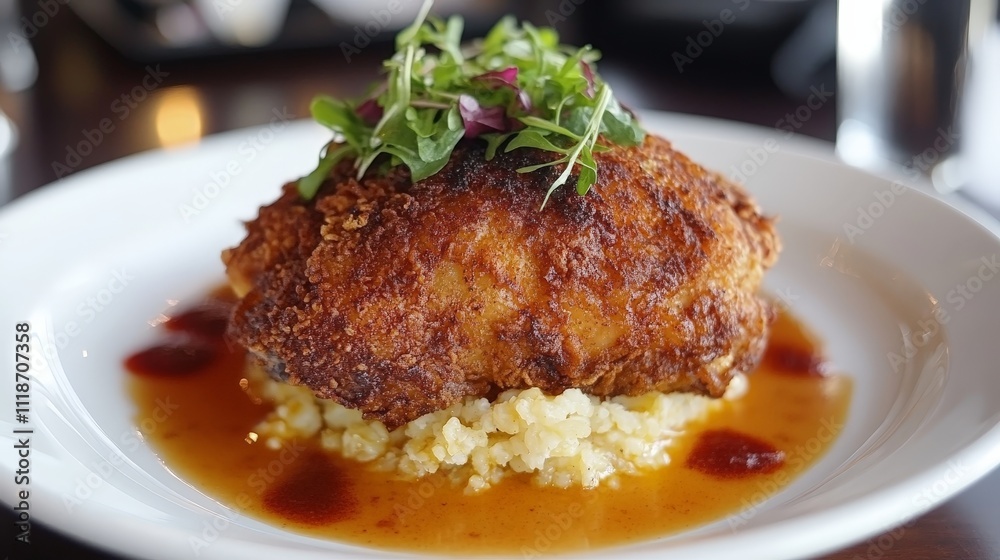 A plate of crispy fried chicken served on a bed of grains with garnished greens and sauce. A plate of crispy fried chicken served on a bed of grains with garnished greens and sauce.