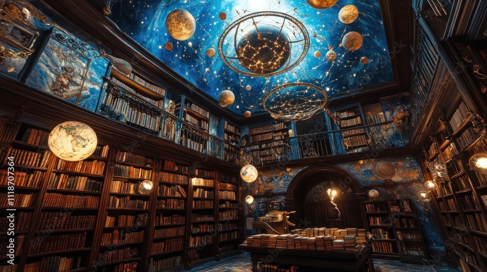 Obraz premium Celestial library interior with bookshelves, globes, and a starry ceiling.
