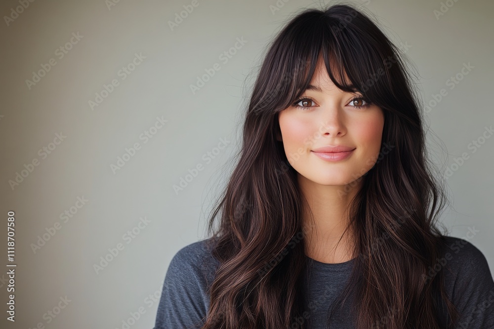 Portrait of a young woman with long dark hair and soft makeup against a neutral background Portrait of a young woman with long dark hair and soft makeup against a neutral background