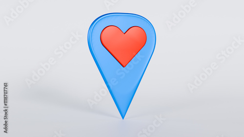 3D blue map marker whit a red heart, isolated on white background. Perfect for projects related to travel, maps, GPS, navigation and interface design. photo