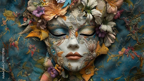 Elaborate mask made of fabric, nature inspired, layered embroidery photo