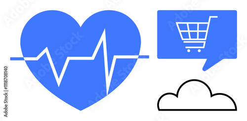 Blue heart icon with EKG line, speech bubble with shopping cart, and black outlined cloud icon. Ideal for healthcare, e-commerce, cloud computing, technology integration, online shopping, health