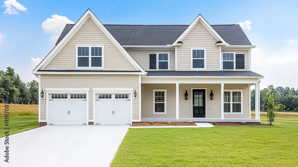 A beige siding house exterior with white trim, showcasing a timeless and elegant design, perfect for architectural and real estate visuals. A beige siding house exterior with white trim, showcasing a timeless and elegant design, perfect for architectural and real estate visuals.