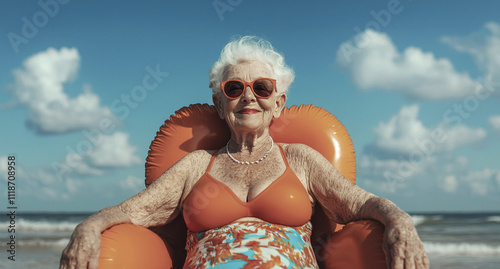 Grandma in a bikini in the sun, reflecting confidence, maturity and authenticity on the beach. Ideal for retirement, lifestyle, travel and tourism themes