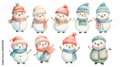Watercolor Snowmans set collection, Vector illustration of Snowmans And Snowflakes in vintage watercolor style,Vector illustration of Snow man in vintage watercolor style, christmas and winter element