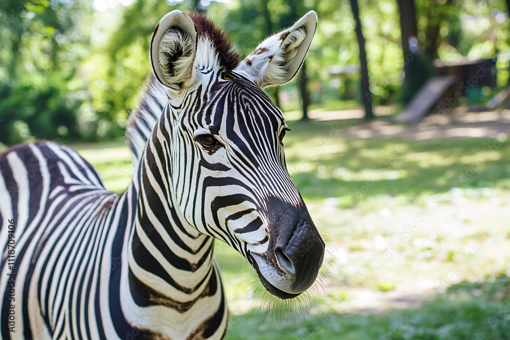 Naklejka premium Zebra stands in a lush green enclosure on a sunny day
