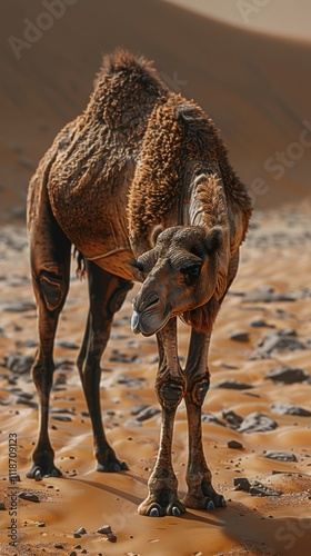 Camel standing on rocky desert sand, facing forward. Concept of desert wildlife and survival. For travel or wildlife photo. photo