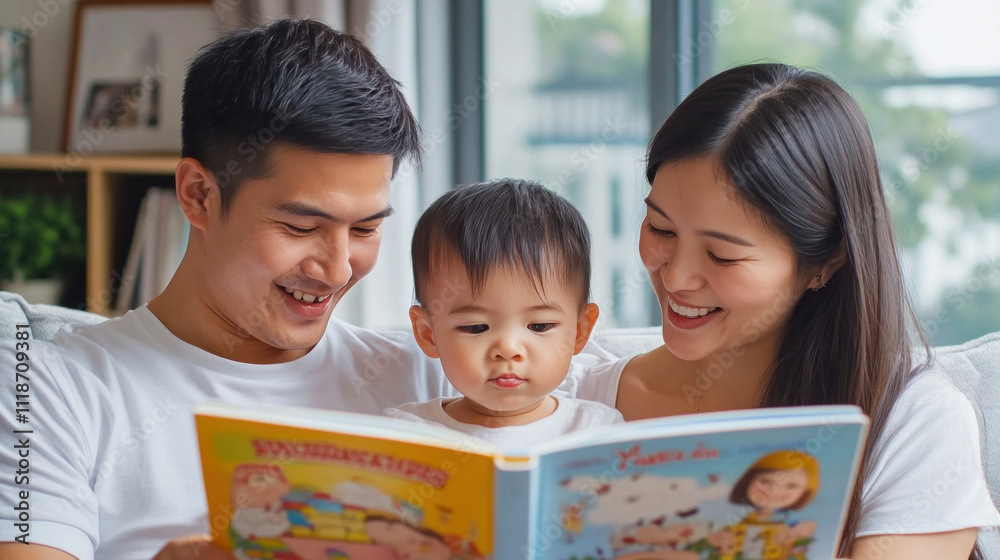 Happy family reading a book together on the sofa Happy family reading a book together on the sofa