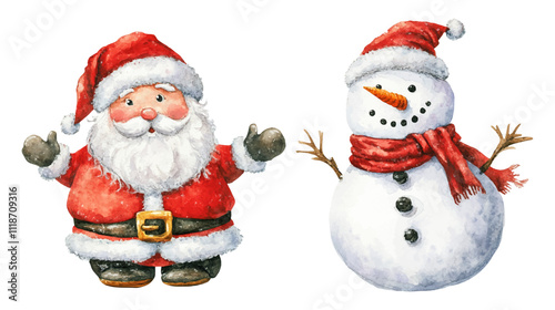 Set of watercolor white snowmen and santa claus isolated with watercolour white background. New year party decor, Christmas decorations vector illustration backdrop wallpaper