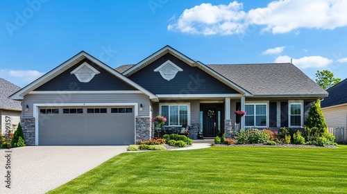 A beige siding house exterior with white trim, showcasing a timeless and elegant design, perfect for architectural and real estate visuals.