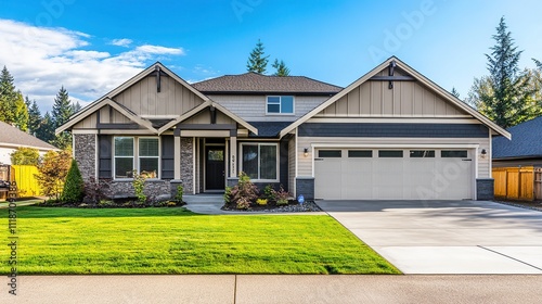 A beige siding house exterior with white trim, showcasing a timeless and elegant design, perfect for architectural and real estate visuals.