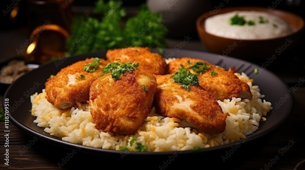 Crispy breaded chicken breasts served over rice with herbs and a side of sauce. Crispy breaded chicken breasts served over rice with herbs and a side of sauce.