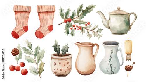 Set of Christmas decorations. Collection of different Gingerbread Cookies. Watercolor illustration of hand painted christmas cookies: man, tree, stars, heart, noel, house, snowflake, candy.