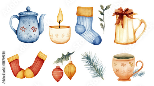 Set of Christmas decorations. Collection of different Gingerbread Cookies. Watercolor illustration of hand painted christmas cookies: man, tree, stars, heart, noel, house, snowflake, candy.