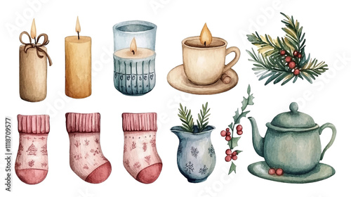 Set of Christmas decorations. Collection of different Gingerbread Cookies. Watercolor illustration of hand painted christmas cookies: man, tree, stars, heart, noel, house, snowflake, candy.