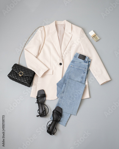 Beige jacket, blue jeans, black cross body bag with chain, black heeled sandals on grey background. Overhead view of woman's casual outfit. Trendy look. Flat lay, top view. Women clothes.