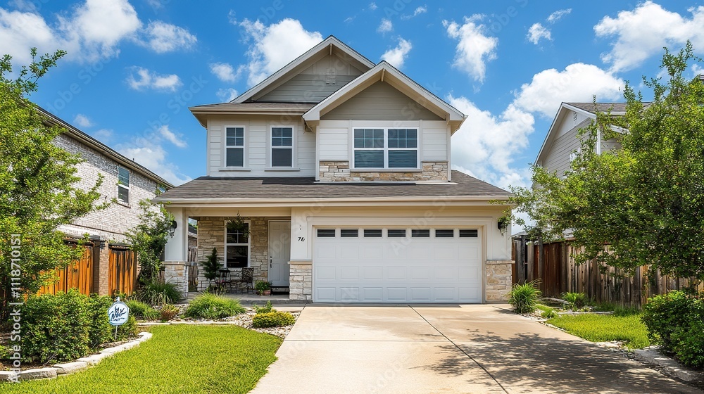 A beige siding house exterior with white trim, showcasing a timeless and elegant design, perfect for architectural and real estate visuals.