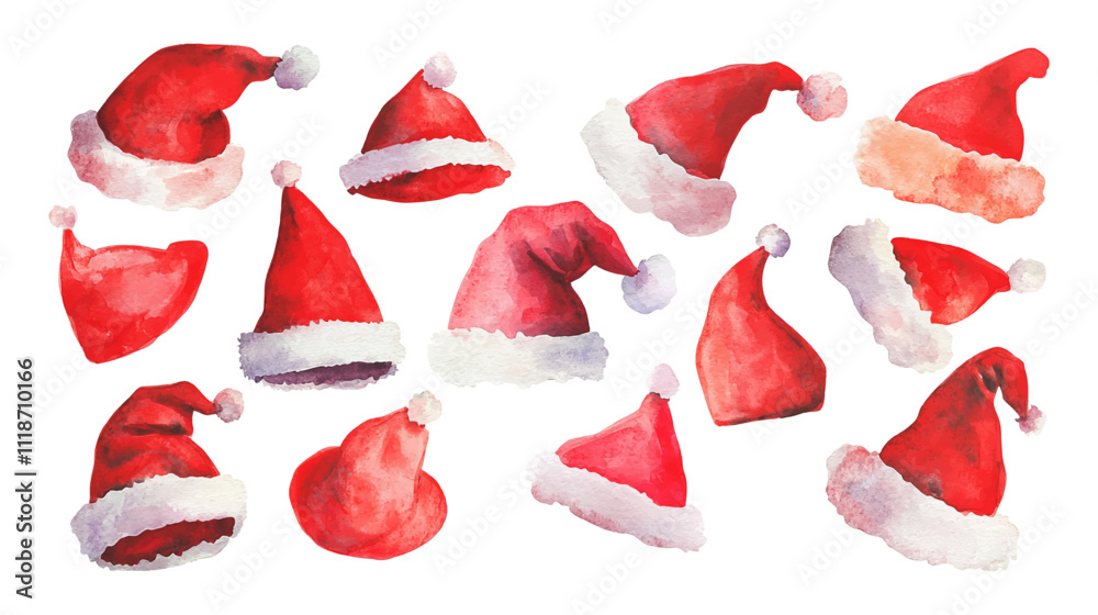 Fototapeta premium Seamless pattern with watercolor Santa Claus hat. For printing wrapping paper, wallpaper, packaging, fabric. Set Hand Drawn vector illustration.