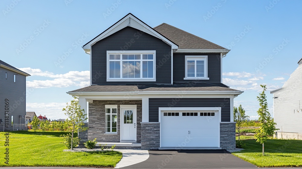 A beige siding house exterior with white trim, showcasing a timeless and elegant design, perfect for architectural and real estate visuals. A beige siding house exterior with white trim, showcasing a timeless and elegant design, perfect for architectural and real estate visuals.