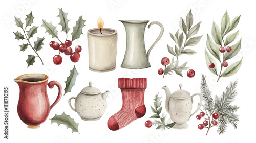 Set of Christmas decorations. Collection of different Gingerbread Cookies. Watercolor illustration of hand painted christmas cookies: man, tree, stars, heart, noel, house, snowflake, candy.