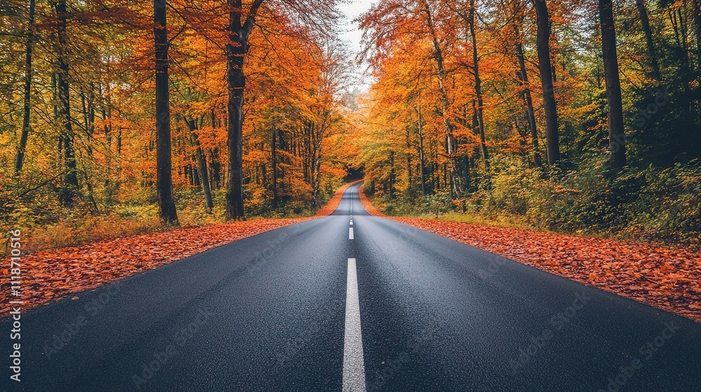 Fototapeta premium Driving through autumn-colored forests on a peaceful country road.