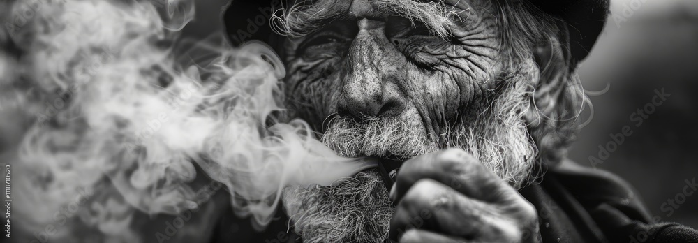 A close-up, high-contrast monochrome photo features an individual smoking a pipe, with smoke swirling around and face obscured by a gray square.