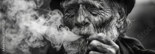 Obraz na płótnie A close-up, high-contrast monochrome photo features an individual smoking a pipe, with smoke swirling around and face obscured by a gray square. w salonie