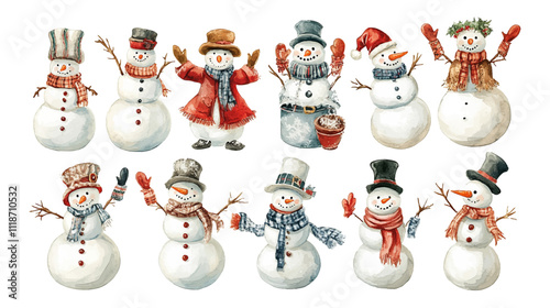 Snowman cartoon watercolor Illustration collection isolated on white background. Cheerful snowmen in different costumes. Winter holidays set vector