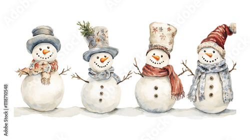 Snowman cartoon watercolor Illustration collection isolated on white background. Cheerful snowmen in different costumes. Winter holidays set vector