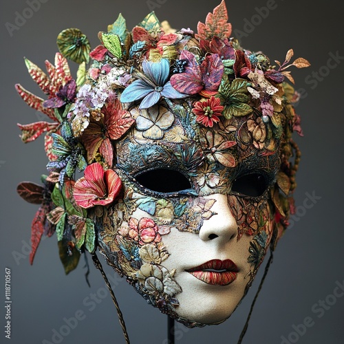 Elaborate mask made of fabric, nature inspired, layered embroidery